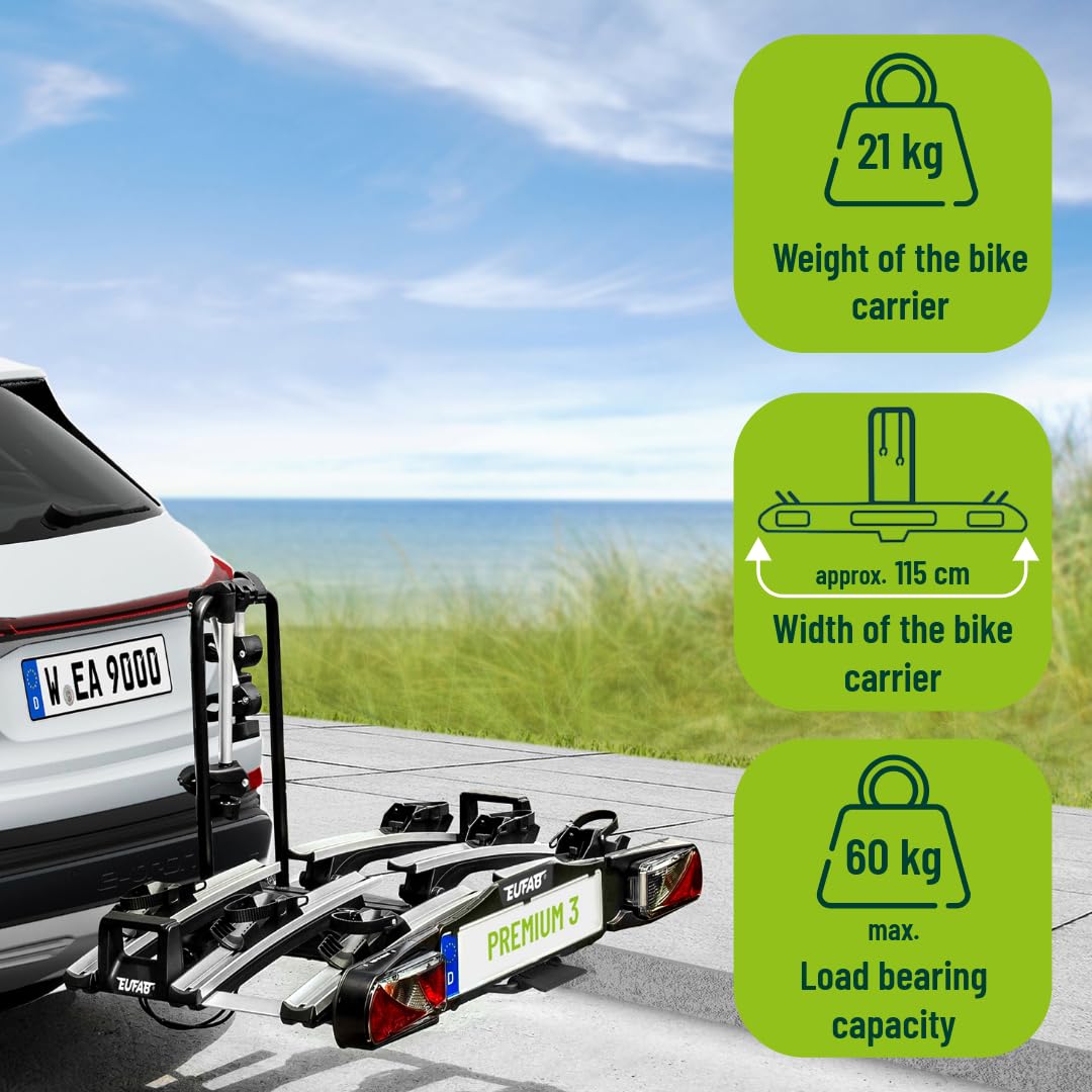 EUFAB 11522 Fahrradträger Anhängerkupplung – für 3 Fahrräder, E-Bike geeignet, 60 kg Nutzlast, vormontiert