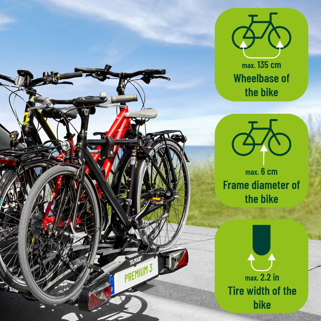 EUFAB 11522 Fahrradträger Anhängerkupplung – für 3 Fahrräder, E-Bike geeignet, 60 kg Nutzlast, vormontiert
