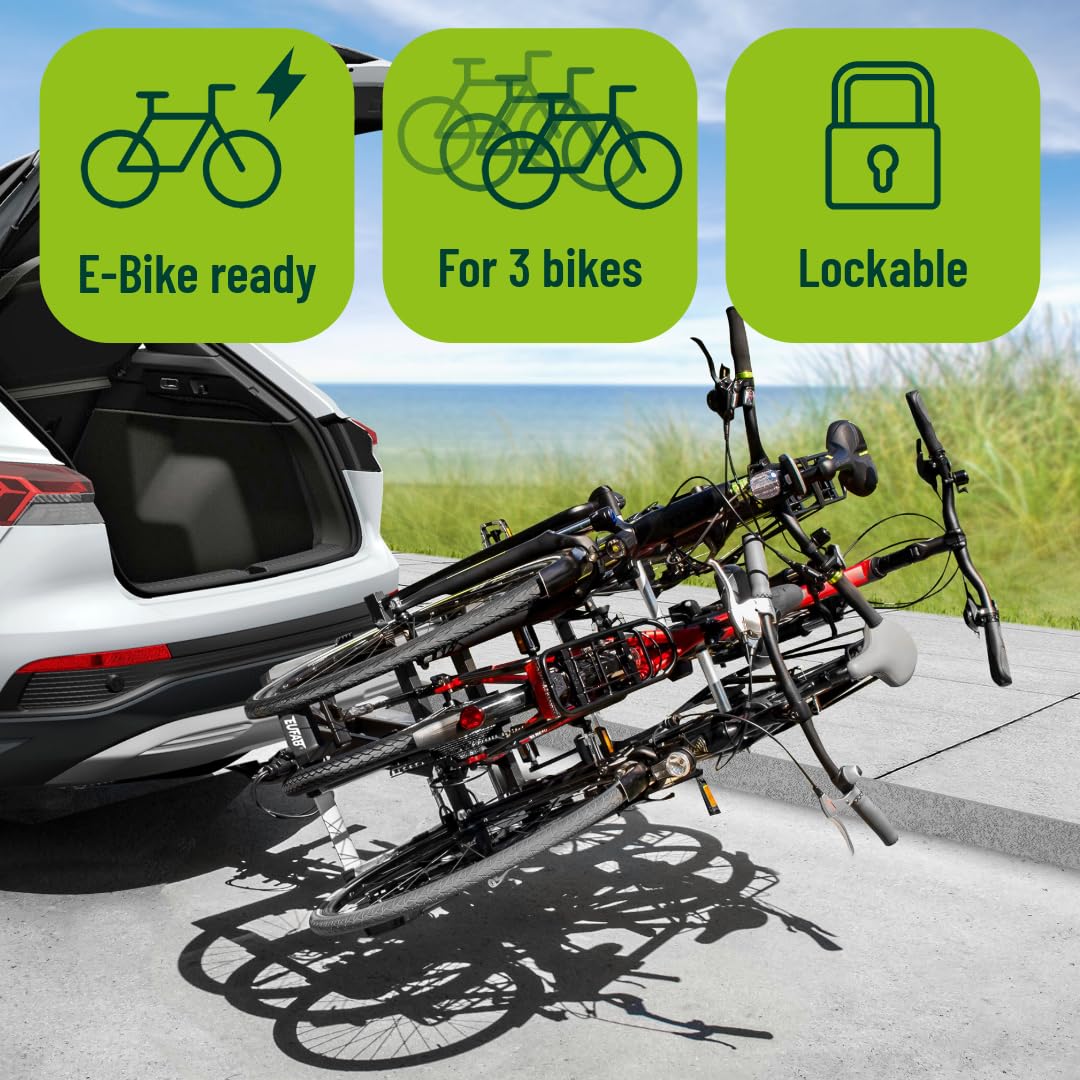 EUFAB 11522 Fahrradträger Anhängerkupplung – für 3 Fahrräder, E-Bike geeignet, 60 kg Nutzlast, vormontiert